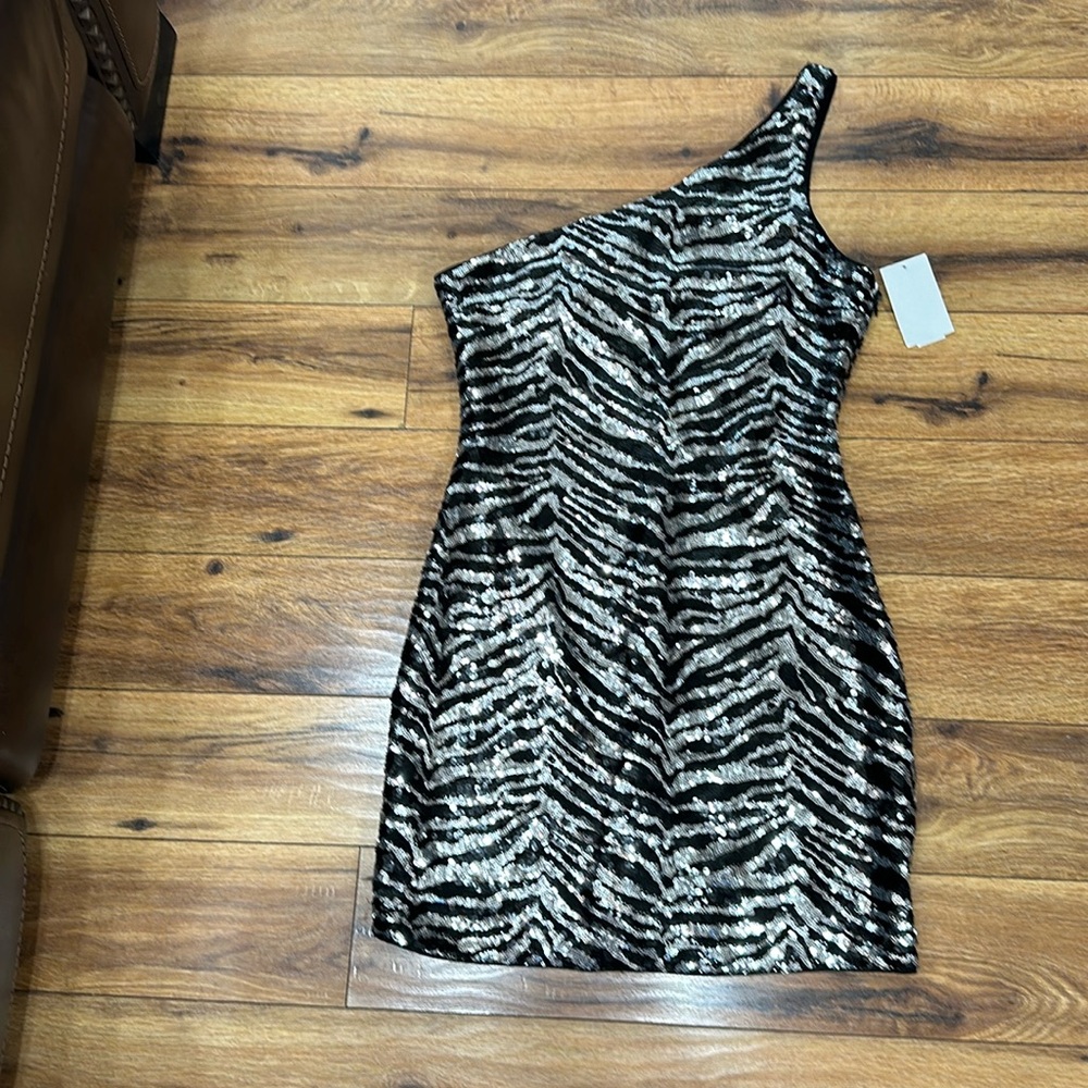 Lulu’s Zebra Sequin Dress One Shoulder